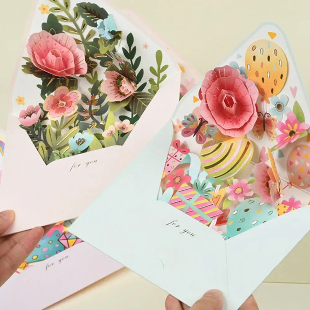 3D Flower Pop-up Greeting Cards with Envelope Hot Stamped Valentine's Day Greeting Cards Postcard Thank You Letter Wedding Vue