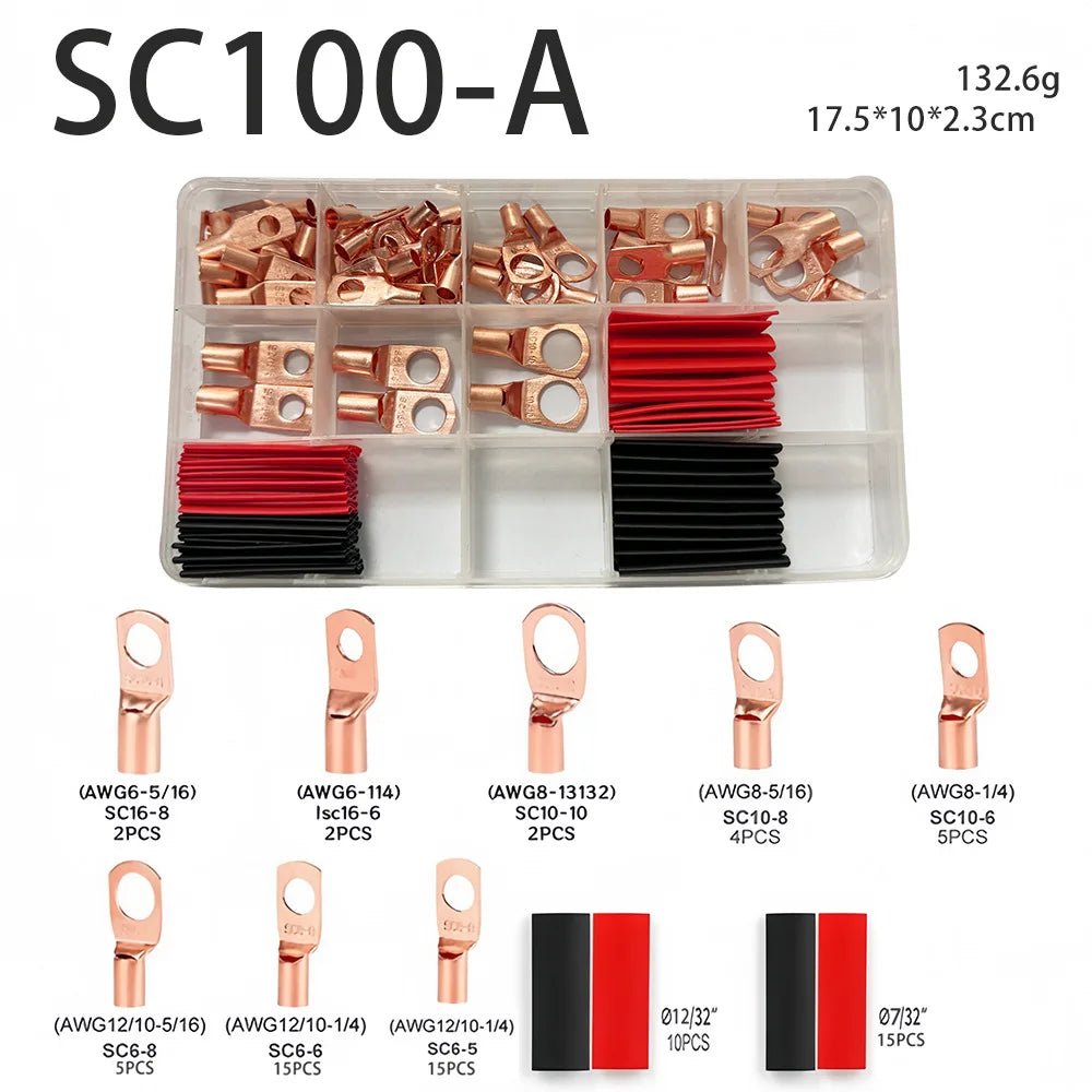 60/100/130PCS AWG 4 6 8 10 12 Ring Lug Kit With Shrink Tubing 50 Battery Cable Lugs With Shrink Copper Terminal Connectors Vue 100pcs A