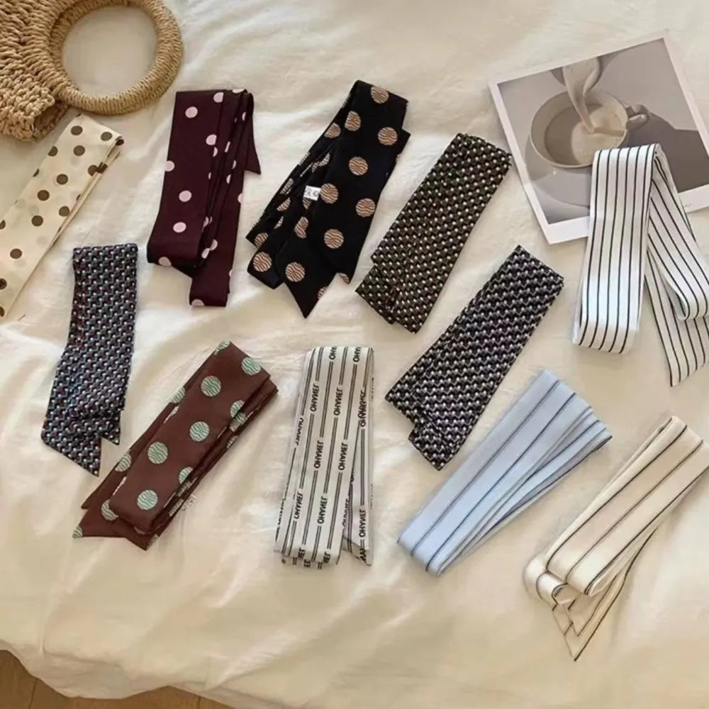 Vintage Polka Dot Long Narrow Scarf Striped Print Grid Chiffon Neck