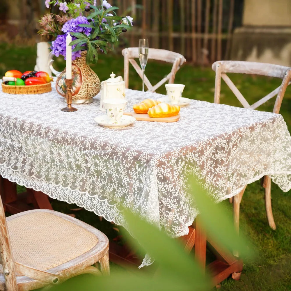 Home Decoration Embroidered French Lace Tablecloth Vintage White Table Linen Organza Table Runner Wedding Vue