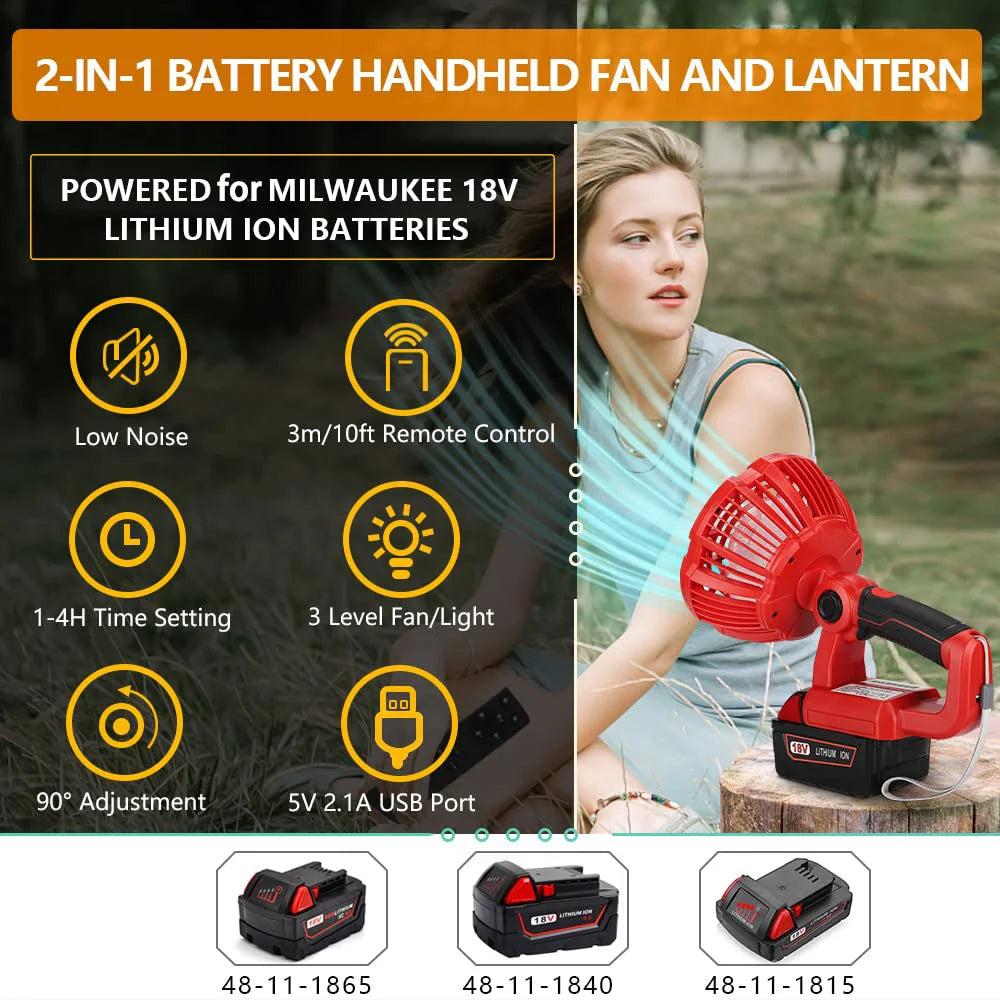 Portable Handheld Fan Rechargeable Camping Fan for Milwaukee 18V Batteries with Remote Control, 3 Wind Speed/Light Adjustable Vue