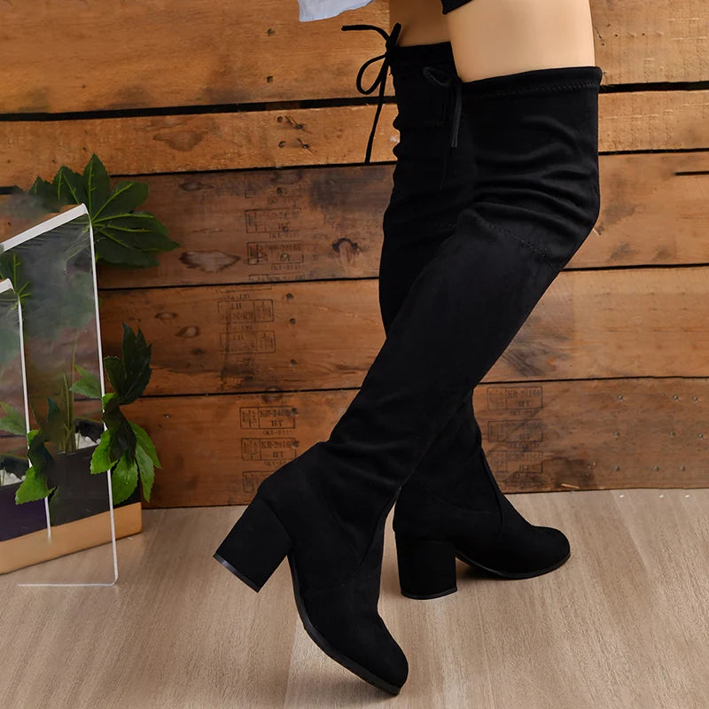Women's Thigh High Lace-Up Platform Stretch Boots | Block Heel Thigh High Boots Vue