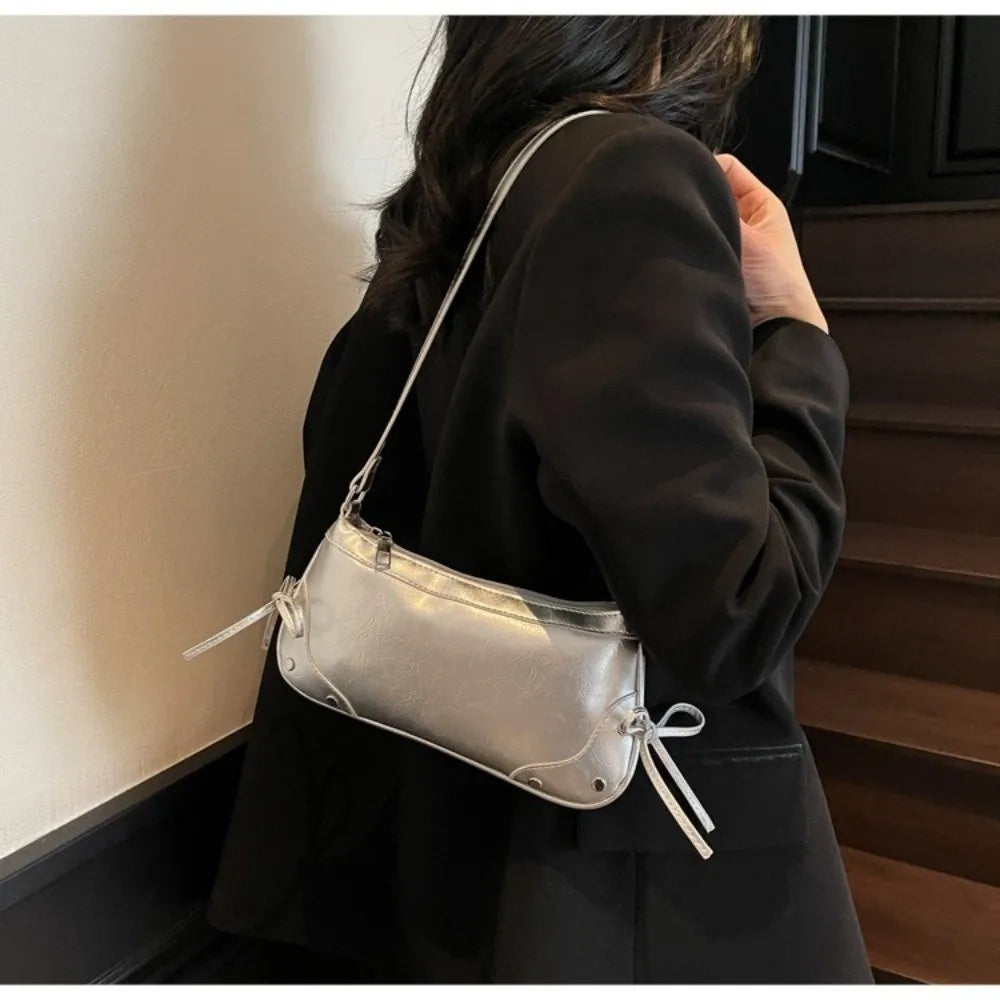PU Leather Shoulder Bag Solid Bow Tie Decor Armpit Y2K Handbag Women