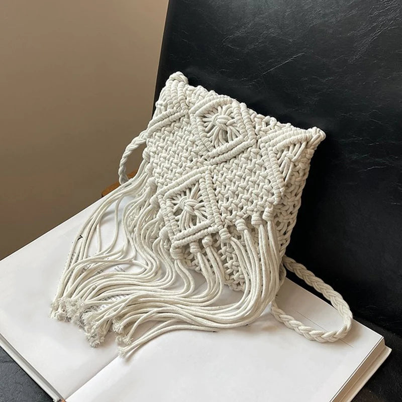 Women Crochet Shoulder Bag Tassel Handwoven Crossbody Solid Bohemian Vue beige