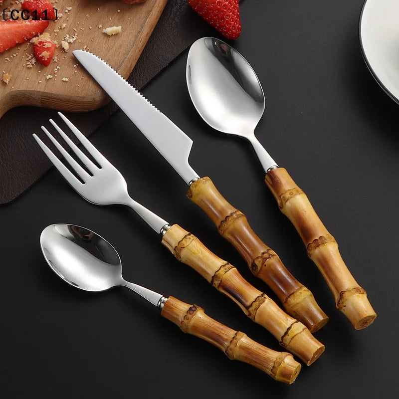 Long Handle Serving Spoon Fork Stainless Steel Gold Silver Bamboo