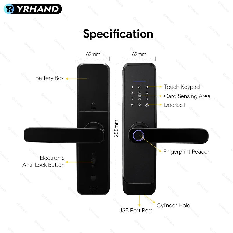 YRHAND Matt Black Fingerprint Door Lock TTLock App Code Card Key Smart Door Lock Security Digital Electronic Lock For Home Vue