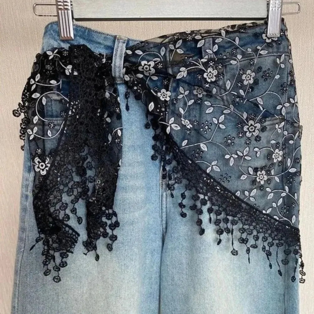 Floral Embroidered Lace Triangle Waist Scarf Hollow Hip Shape Out