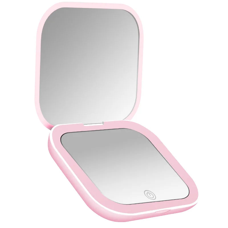 Compact Small Mini Gift Vanity Table Folding Led Lights Portable Hand Held Pocket Makeup Mirror 2X magnifying Vue pink