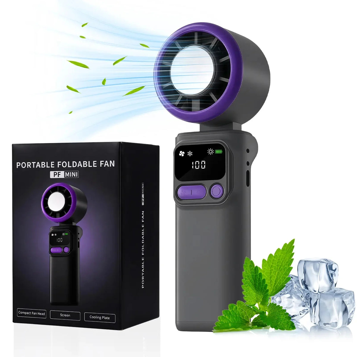 USB Rechargeable Foldable Fan, Portable Ice Cooling Handheld Fan 3600mAh, 90° Adjustable, 5 Speed Wind, 3 IN 1 Hand Fans Vue