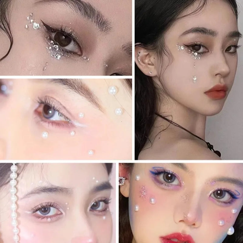 1 Sheet 3D Coloful Pearl Eyes Face Tattoo Self Adhesive Face Gem Jewels Eyeshadow Stickers Round Pearls Makeup Rhinestones Vue