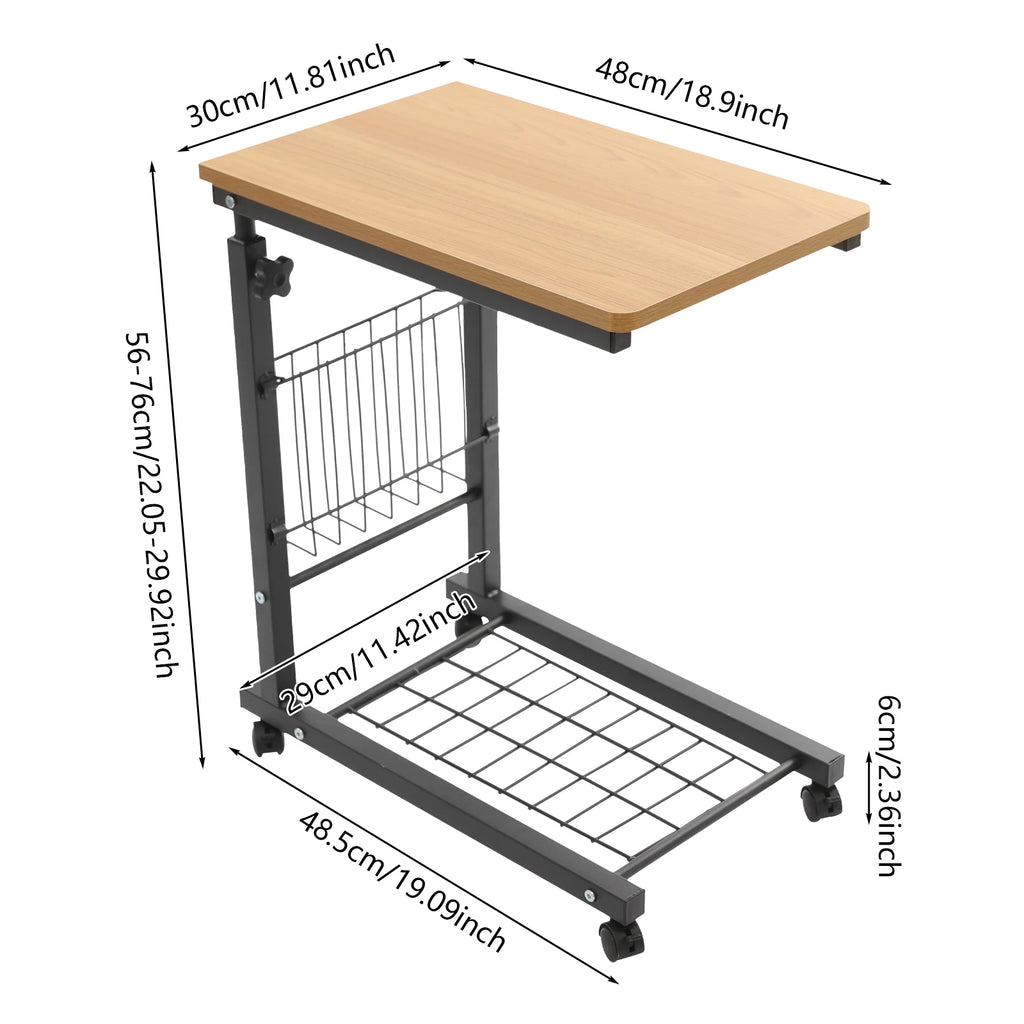 Adjustable C-Shaped Bedside Table with Wheels | 2-Tier Teak Adjustable Side Table Vue