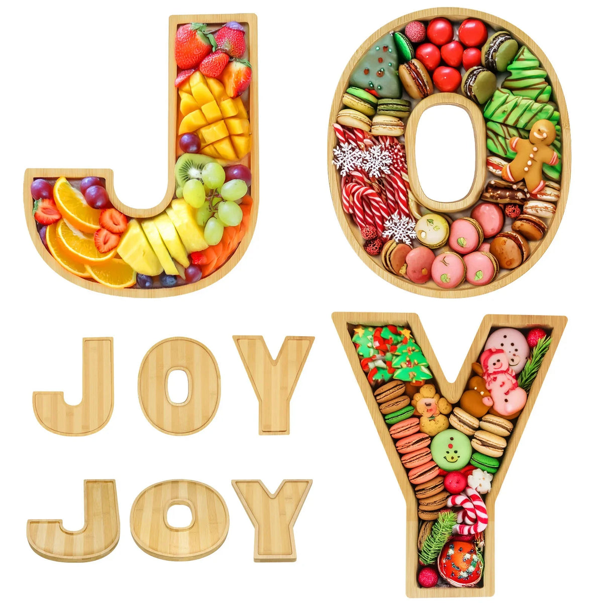 Bamboo Letter JOY Serving Tray Charcuterie Platter Cake Cookie Fruit Plate Rustic Holiday Centerpiece Table Decor For Christmas Vue A1