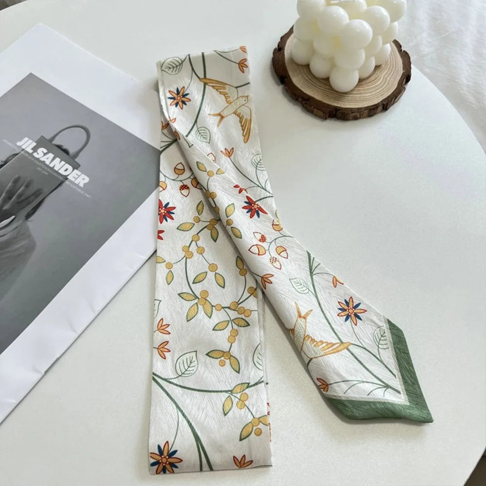 Versatile Fresh Floral Satin Silk Ribbon Scarf Women Summer Long Thin