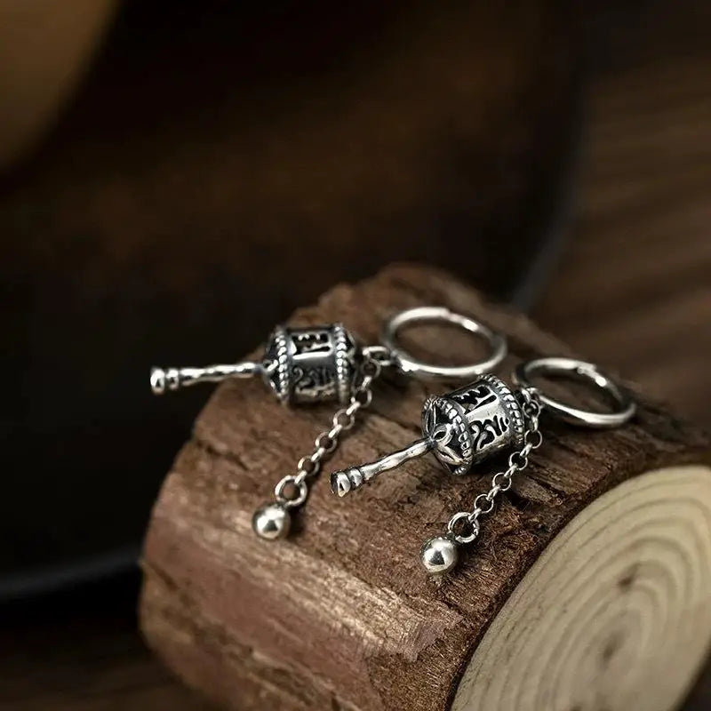 Ethnic Prayer Wheel Earrings Six Word Mantra for Women Vintage Jewelry Meditation Present Vue