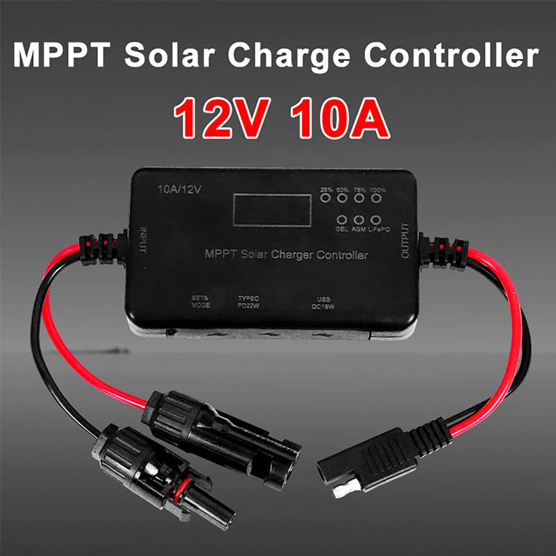 MPPT Solar Charge Controller 10A 12V, Solar Panel Controller Featuring Type-C Input, USB Output For Lifepo Battery Vue