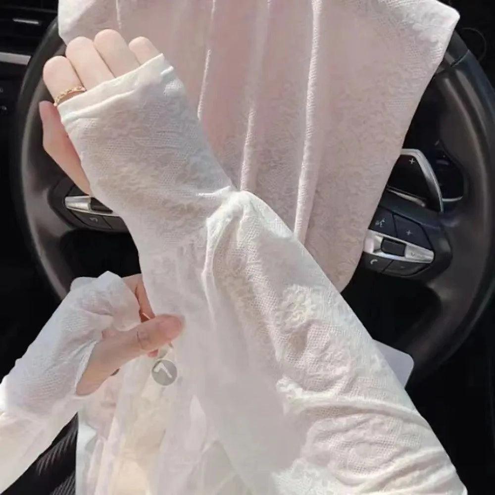 Fashion Lace Ice Silk Sleeves UV Protection Soft Breathable Sunscreen Vue White