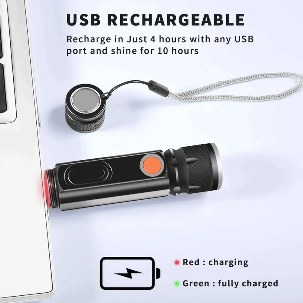 USB T6 Strong Light LED Rechargeable Flashlight Magnetic Torch Lanter Zoomable Flashlight COB Zoom Highlight Outdoor Lighting Vue