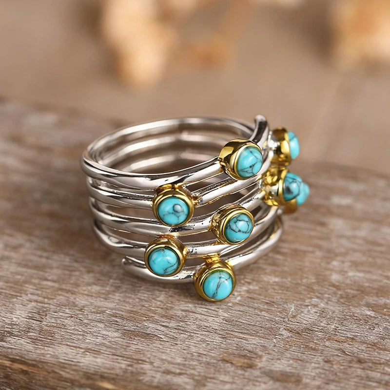 Huitan Vintage Bohemian Imitation Turquoise Ring for Women Fashion Ring Vue