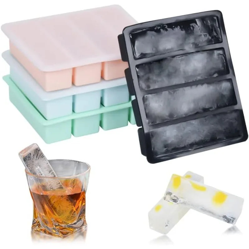 2pcs 4-Slot Large Rectangle Silicone Ice Cube Tray with Lid, Easy To Release, for Home and Commercial Use, Whiskey Ice Cube Mold Vue