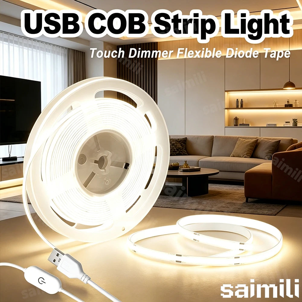 1-5M USB Power COB LED Strip Light Touch Switch Dimmable For Indoor Lighting Living Room Bedroom Wardrobe TV Background Kitchen Vue
