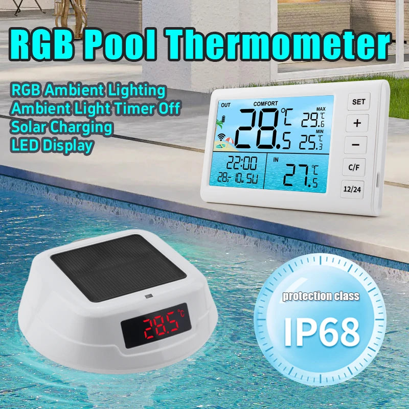 Solar Powered Outdoor Pool Thermometer LED Display Water Temperature Meter Waterproof Pool Tub GRB LED Light Temperature Gauge Vue