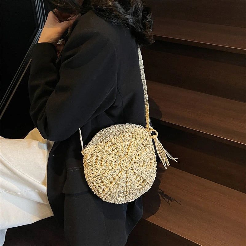Rattan Woven Round Women Straw Bag Handbag Knit Summer Beach Woman