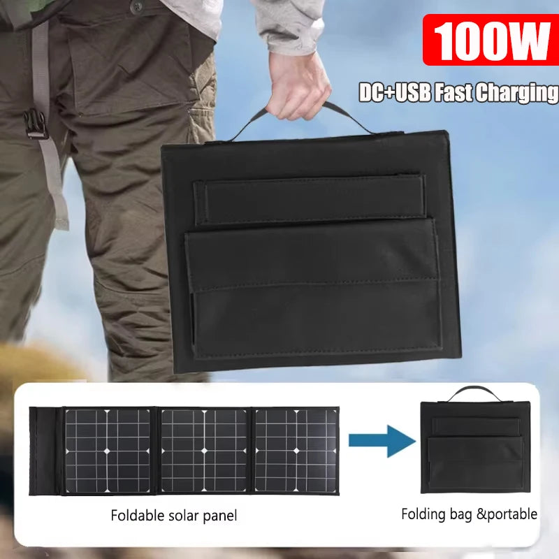 100W Foldable Solar Panel DC+USB Fast Charging 18V Portable Folding Bag Power Bank for Mobile Phone Camping Outdoor Emergency Vue