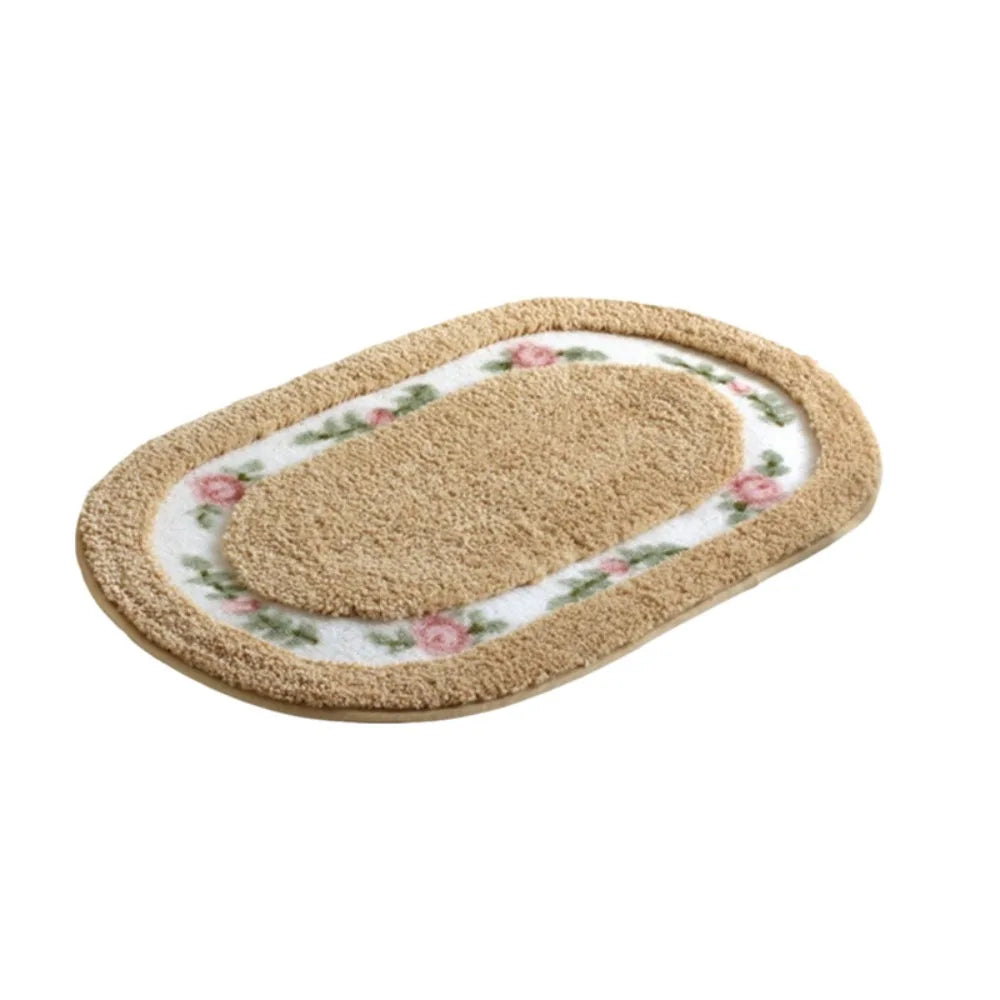 Romantic Fluffy Rose Pattern Door Mat Absorbent Nonslip Bath Mat Thickened Pastoral Style Carpet Living Room Vue Khaki-23.62x15.75 in