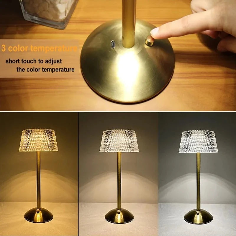 Retro Diamond Glass Table Lamp USB Rechargeable LED Bar Desk Lamp Eye Protection Night Light Bedroom Hotel Office Wedding Decor Vue