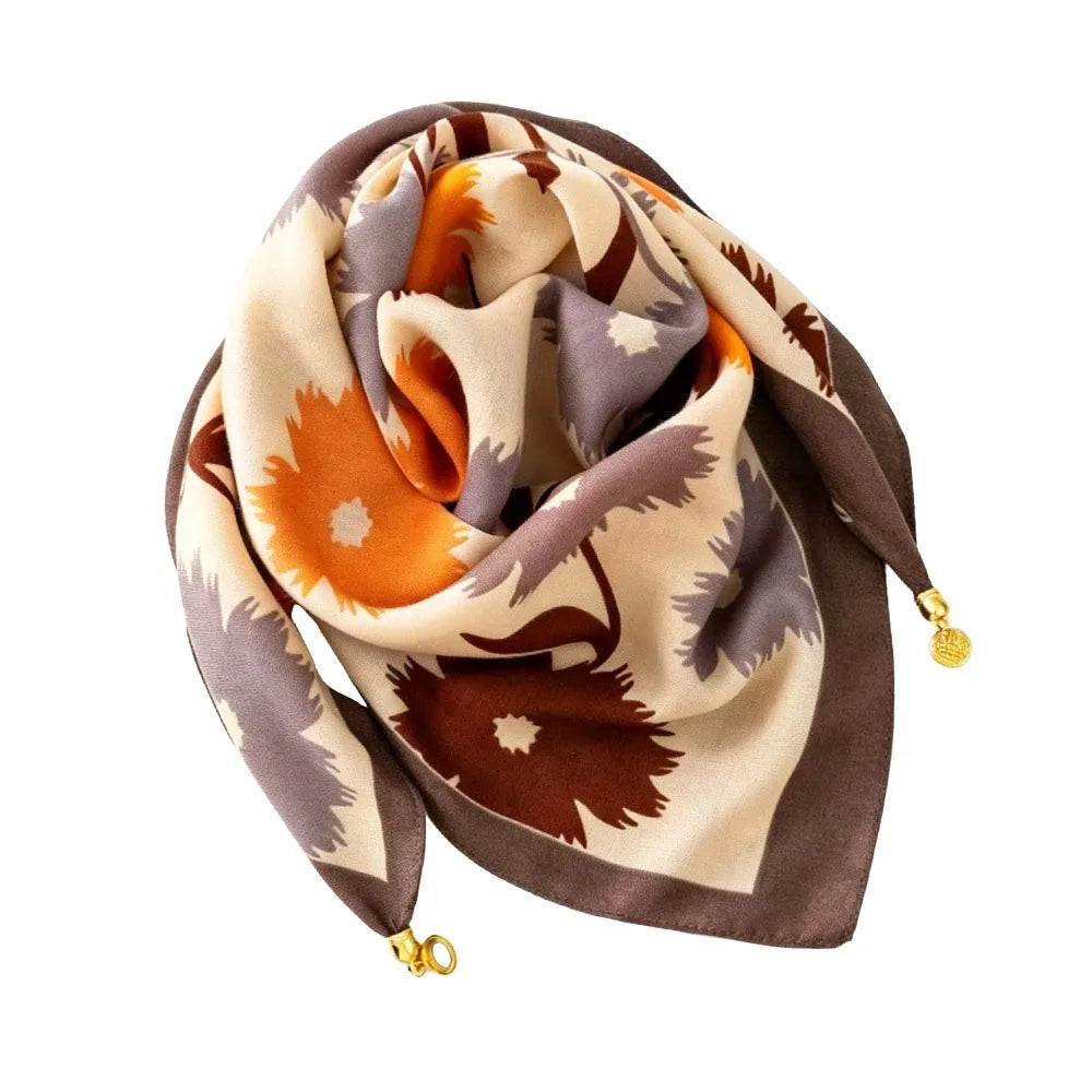 Fashion Magnetic Buckle Silk Scarf Floral Print Lightweight Neck
