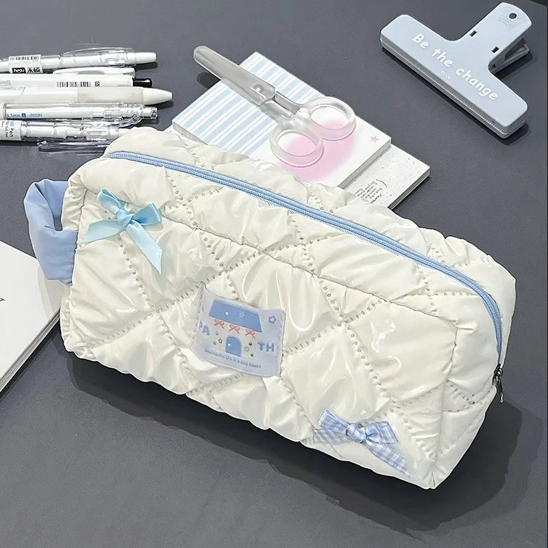 Blue White Bow Pencil Case Large Capacity Cute Stationery Bag Girls Cosmetic Travel Storage Bag Vue