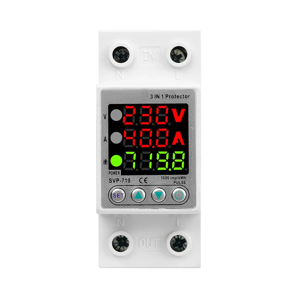 220V 40A/63A Adjust Voltage Relay Over Under Voltage Protector Over Current Limit Wattm KWH Energy Meter Power Charge Display Vue