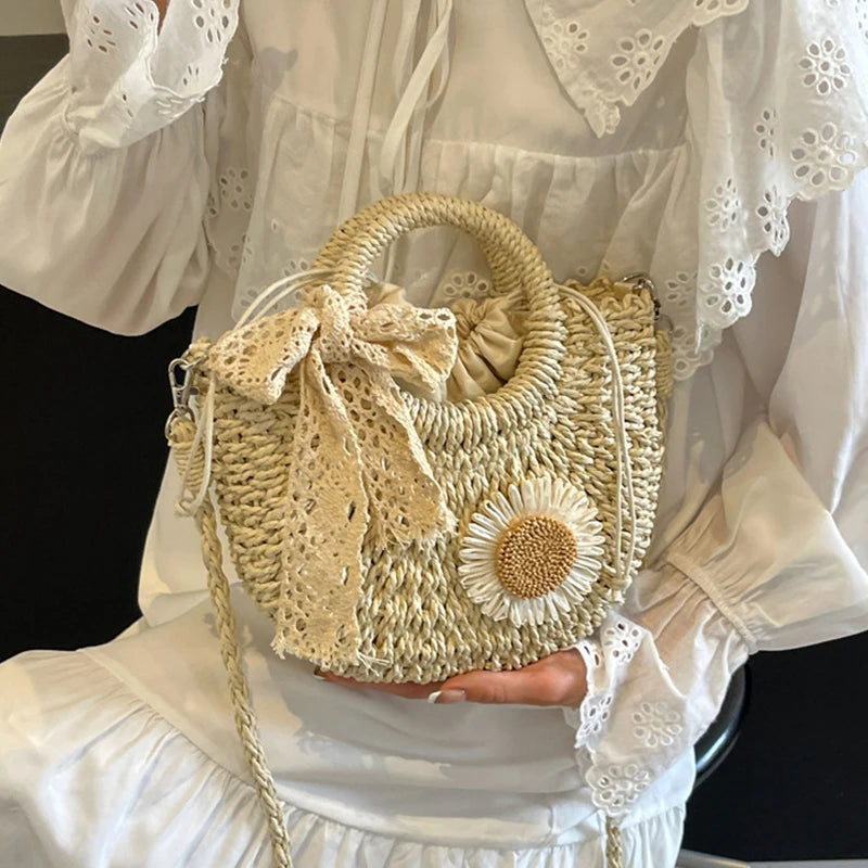 Handwoven Straw Rattan Half-moon Beach Handbag Small Women Summer