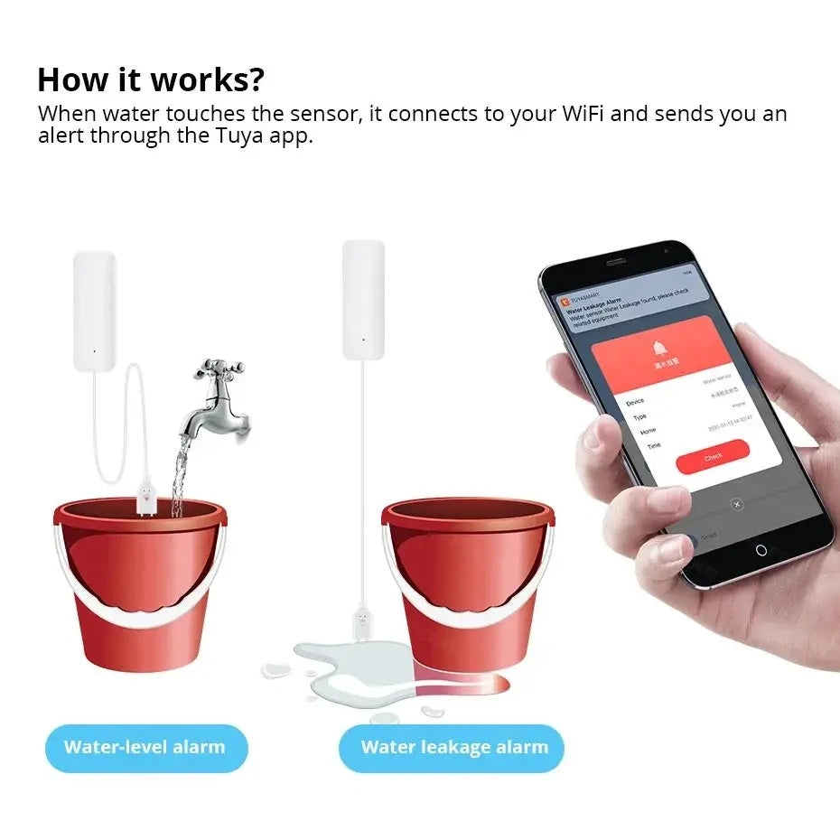 Tuya Smart Flood Leakage Sensor Remote Monitor WiFi Water Overflow Level Detector Water Leak Sensor Security Sound Alarm System Vue