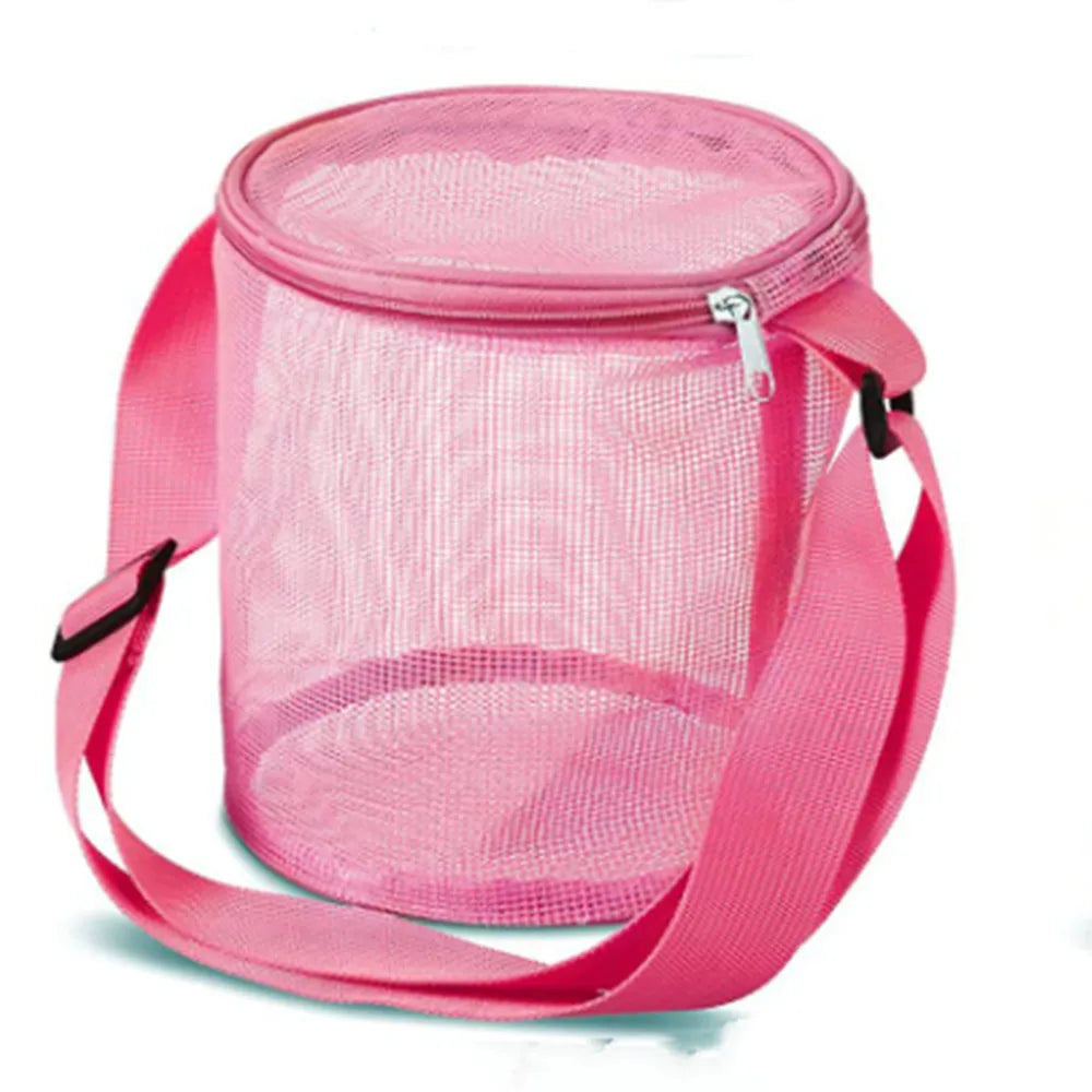 Children's mesh shell storage bag beach three-dimensional round sand bucket toy collection bag with Adjustable Carrying Straps Vue