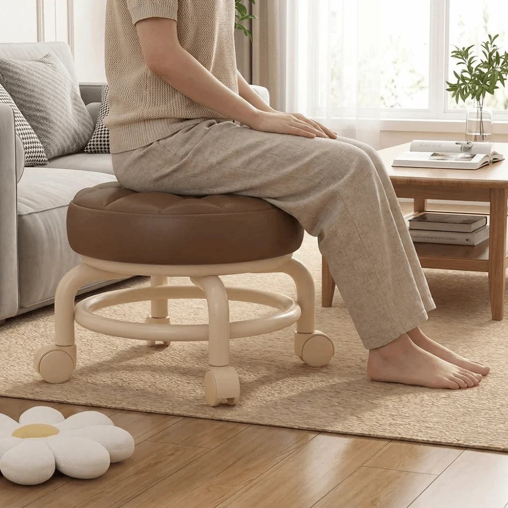Round Shape Sliding Wheel Stool Universal Wheel Contrasting Color Small Stool Solid Frame Padded Seat Shoe Changing Stool Vue