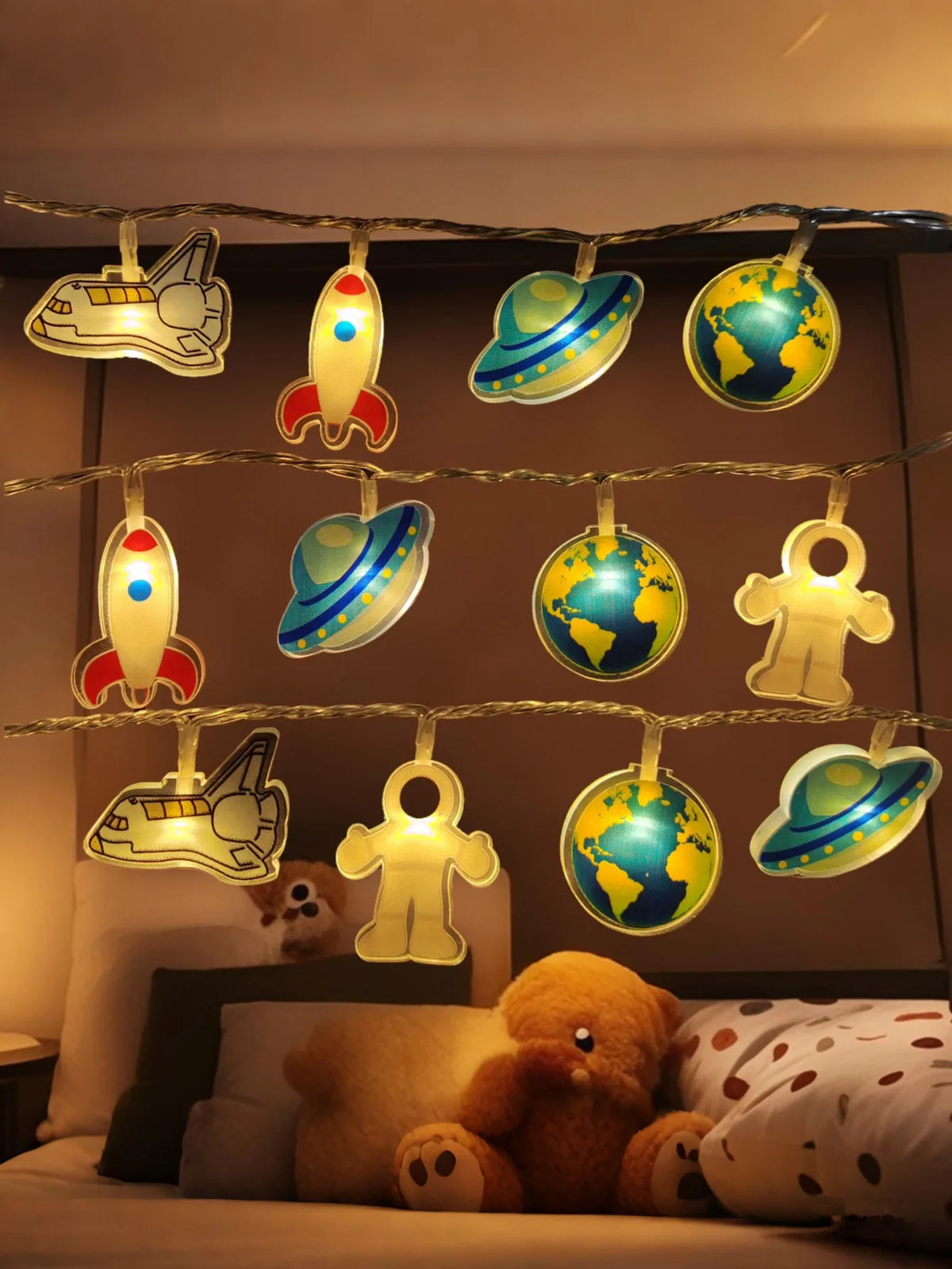 Space Astronaut Rocket Planet UFO LED String Lights Kids Bedroom Warm Fairy Decorative Lamp Gift Vue