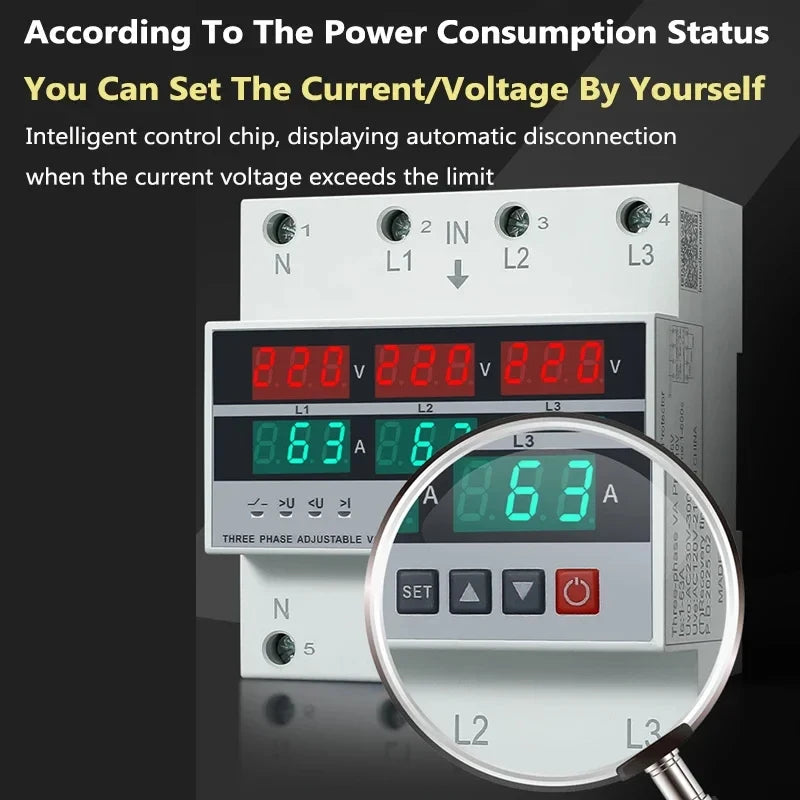 100A 63A 3 Phase Din Rail Phase Selector Adjustable Over and Under Voltage Current Protection Monitor Relays Protector Vue