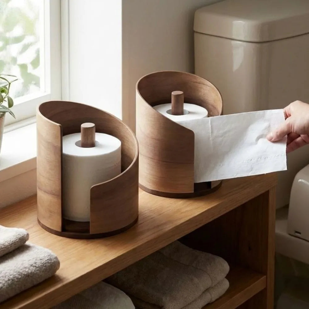 Large Capacity Wooden Paper Towel Holder Natural Wood Stable Paper Roll Rack Anti Slip Base Minimalist Retro Napkin Holder Vue