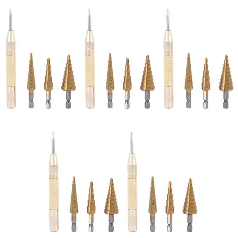 ABKW-15 Pcs HSS Titanium Step Drill Bit Set & 5 Pcs Automatic Center Punch Vue