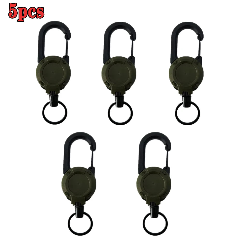 1/5pcs Heavy Duty Retractable Pull Badges ID Reel Carabiner Key Chain Steel Wire Rope Buckle Key Holder Outdoor Keychain Tools Vue army green5pcs