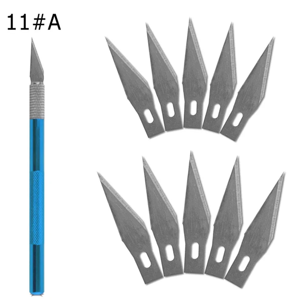 vvocci Non-Slip Engraving 10pcs Metal Knife Kit + 40 Blades Cutter Craft Knives #11 for Mobile Phone PCB Repair Hand Tools Vue M264 1set-Blue