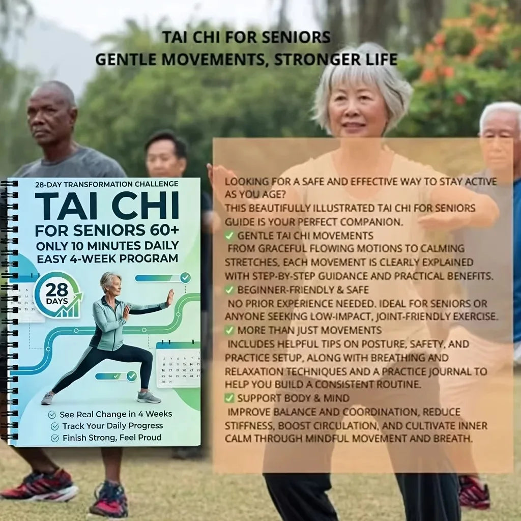 Tai Chi for Seniors 60+ 28-Day 10 Mins Daily Program Spiral Bound Beginner Friendly Guide Book for Balance Fitness Exercise Vue
