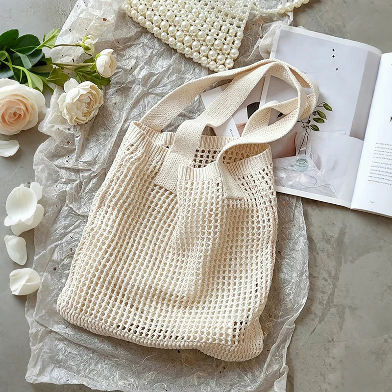 Women Girls Knitted Shoulder Bags Retro Hollow Woven Large Capacity Vue beige