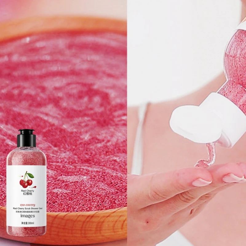 300ml Red Cherry Beauty Scrub Shower Gel, Rich in Cherry Fruit Extract and Other Ingredients, with a Fresh Fruit Aroma, Long-Lasting Fragrance, and Fine Scrub Particles That Effectively Deeply Cleanse the Skin, Leaving It Fee Vue