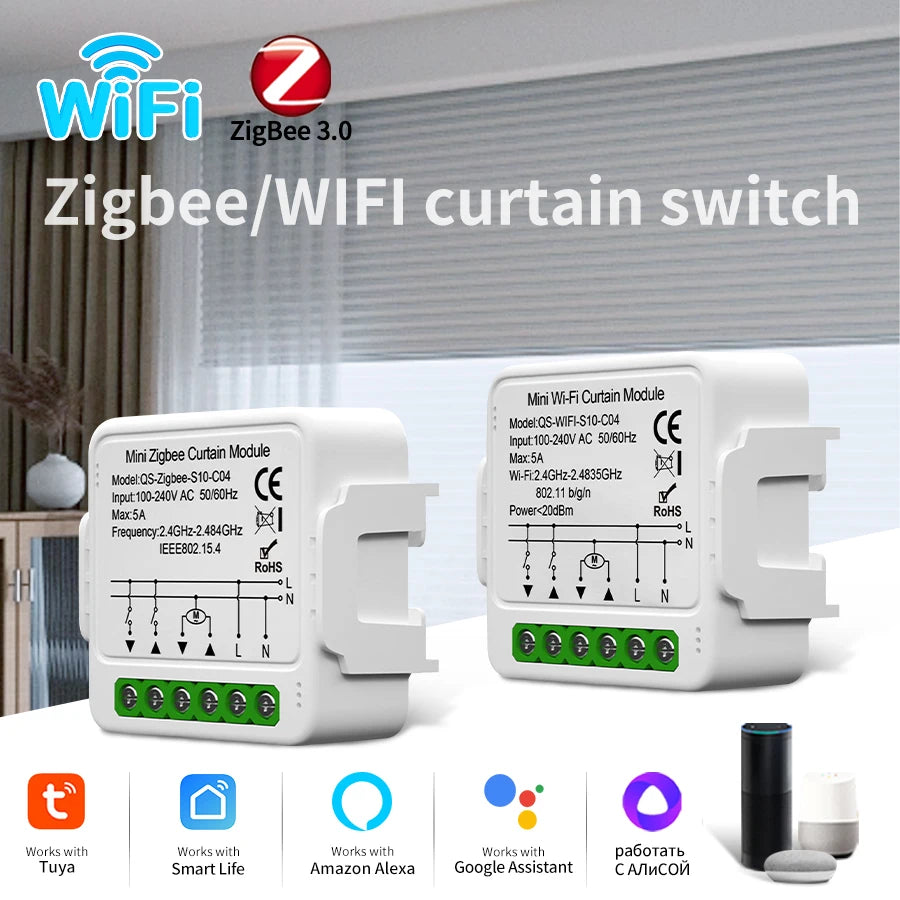 Tuya WiFi Zigbee Smart Curtain Switch Module Blinds Roller Shutter Motor Smart Life Voice Control Works with Alexa Google Home Vue