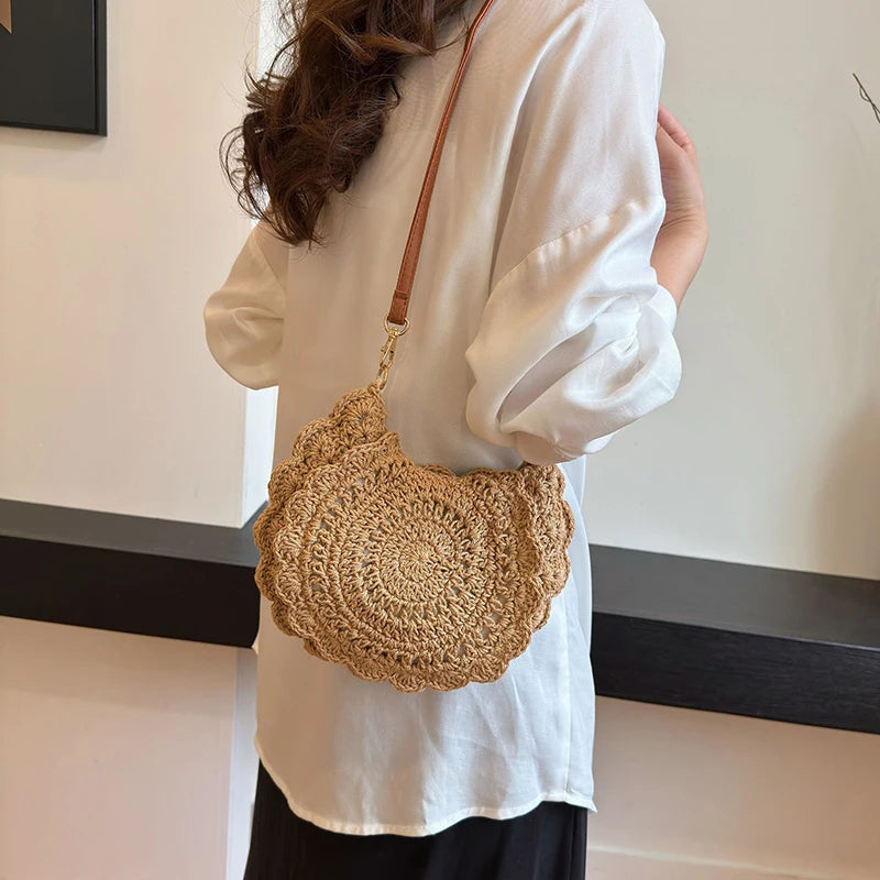 Vintage Woven Handbag Vacation Round Summer Beach Bag Fashion