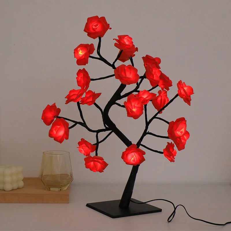 24 LED Red Rose Tree Lights Table Lamp Fairy Flower Night Light for Home Party Christmas Wedding Bedroom Decoration Gift Vue