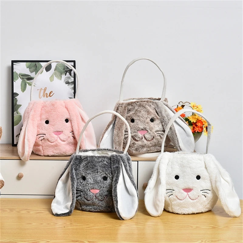 Kawaii Long Plush Easter Bunny Storage Bin Adorable Rabbit Ear Handbag for Toys Candy Holiday Decor Party Supplies Kids Gift Vue