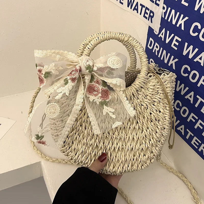 Straw Bag Women Hand-woven Handbag Moon Shape Lace Bow Rattan Big Vue beige AddScarf 19x8.5x23cm